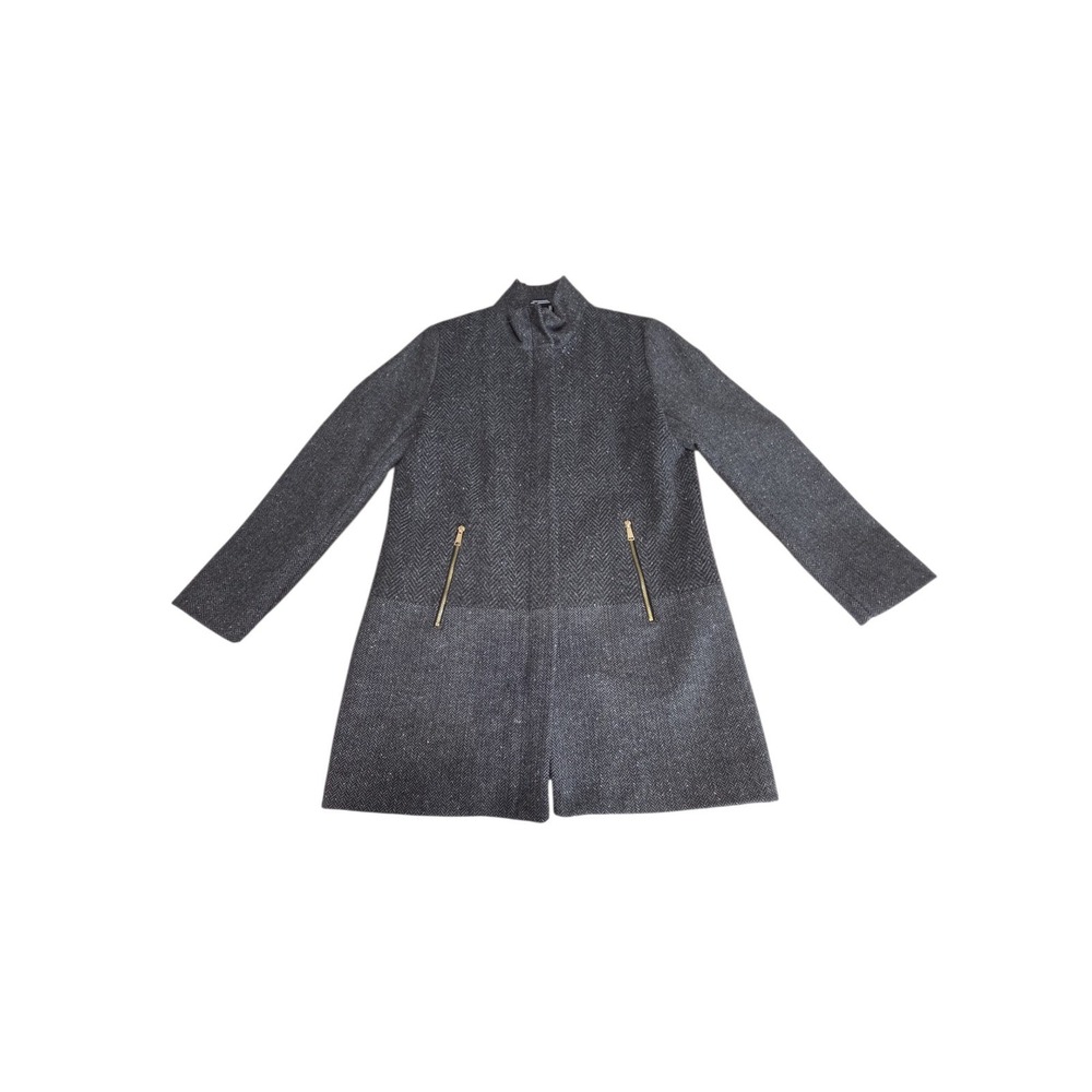 Nautica Coat Women L Gray Herringbone Walker Funnel Neck Full Zip Tweed Jacket